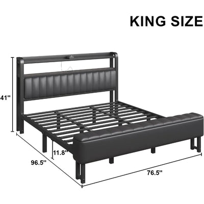 King Size Bed Frame with Star Projector & Charging Station, Metal Upholstered Bed frame with Headboard, Heavy Duty Beds
