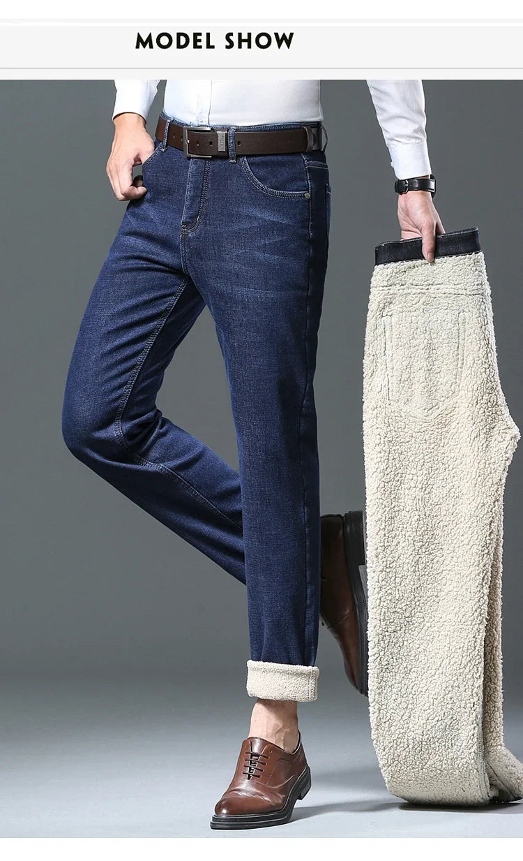 Men's Wool Velvet Jeans Winter Fleece Thickened Business Casual Straight Denim Pants Soft Cozy Thermal Stretch Trousers Male