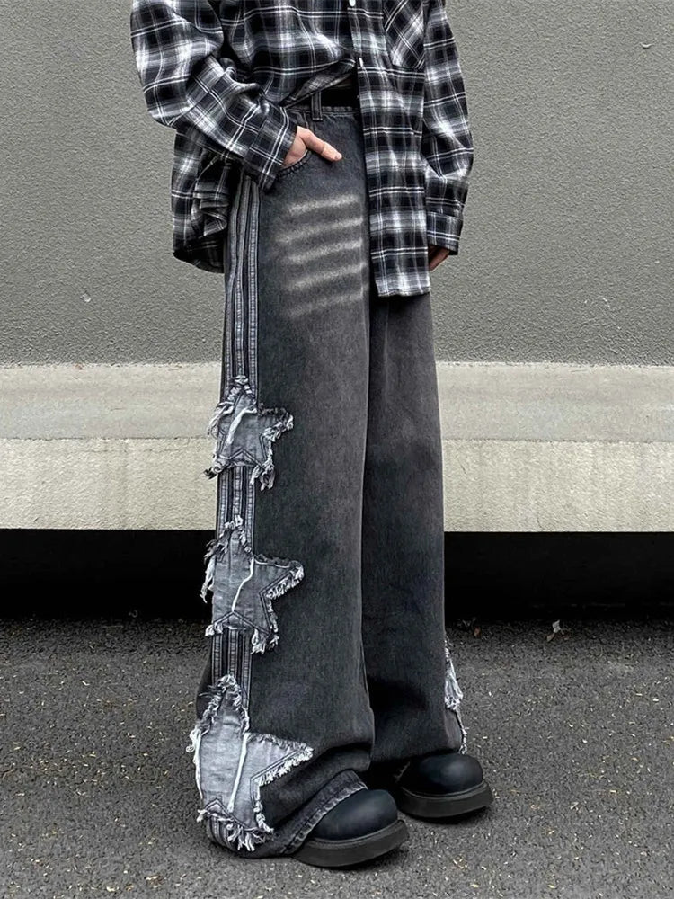 2024 Ropa Y2K Streetwear Star Patch Embroidery Baggy Stacked Jeans Pants For Men Clothes Wide Leg Old Straight Denim Trousers