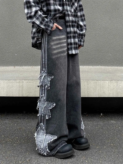 2024 Ropa Y2K Streetwear Star Patch Embroidery Baggy Stacked Jeans Pants For Men Clothes Wide Leg Old Straight Denim Trousers