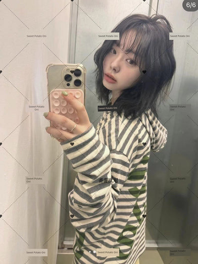 Sweet Potato Oni Homemade 2024 Spring Niche Style Safari Stripes Hooded Letter-Print Y2g Loose Long Sleeves