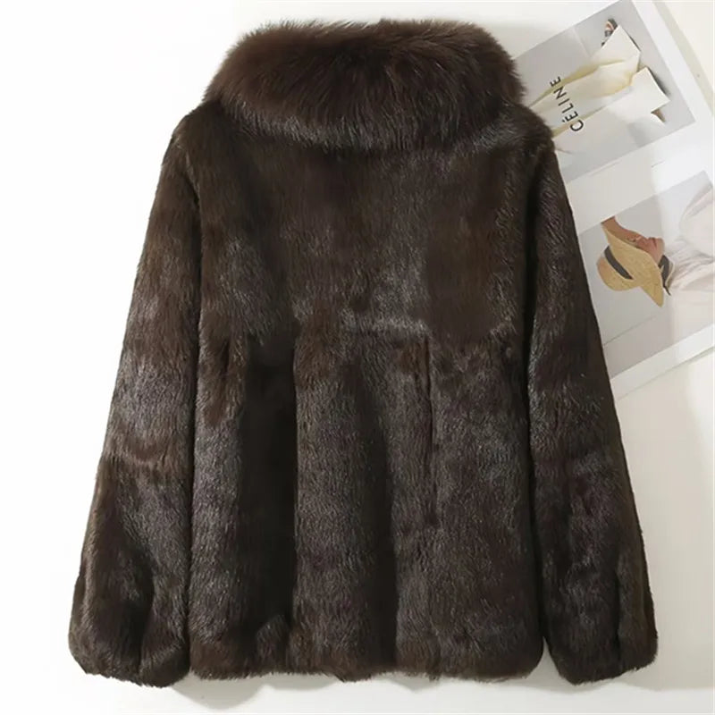 Real Rabbit Fur Coat Women Autumn Winter Short Jacket Thick Warm New Fashion Fox Fur Collar Elegant Female Warm Outerwear
