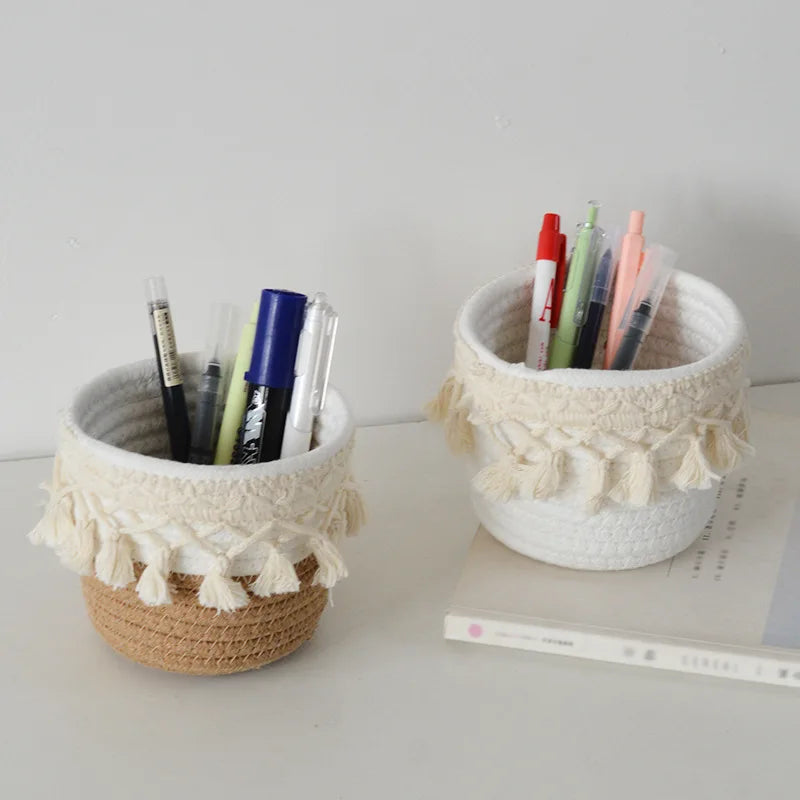 1Pcs Hand-woven Tassels Simple Nordic Cotton Rope Makeup Brush Stationery Pen Holder Storage Household Sundries Storage Basket