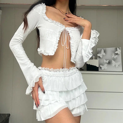 Hot Sale Women's Dress Sets for 2024 Autumn featuring Sexy V-Neck Knitted Cardigan and Sweet Lotus Leaf Hem Shorts
