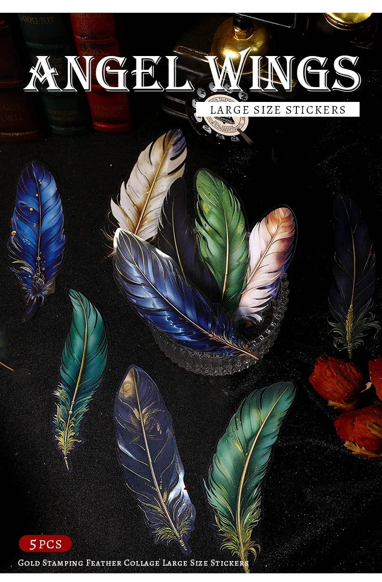 Journamm 5pcs/pack Big Size Feathers Stickers Waterproof PET DIY Scrapbooking Art Collage Junk Journal Decor Sticker Stationery