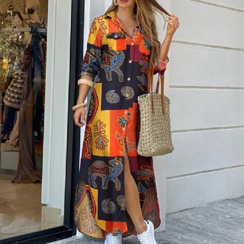 Spring And Autumn Women's Fashion Checker Print Long Shirt Dress Casual Polo Neck Long Sleeve Loose Single Breasted Pocket Dress