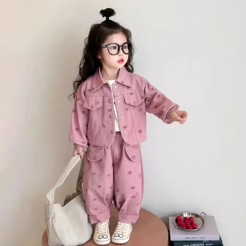 Girls Coat and Pants Two Piece Set 2025 Spring and Autumn New Korean Fashion Floral Casual Coat and Pants Two Piece Set Trend