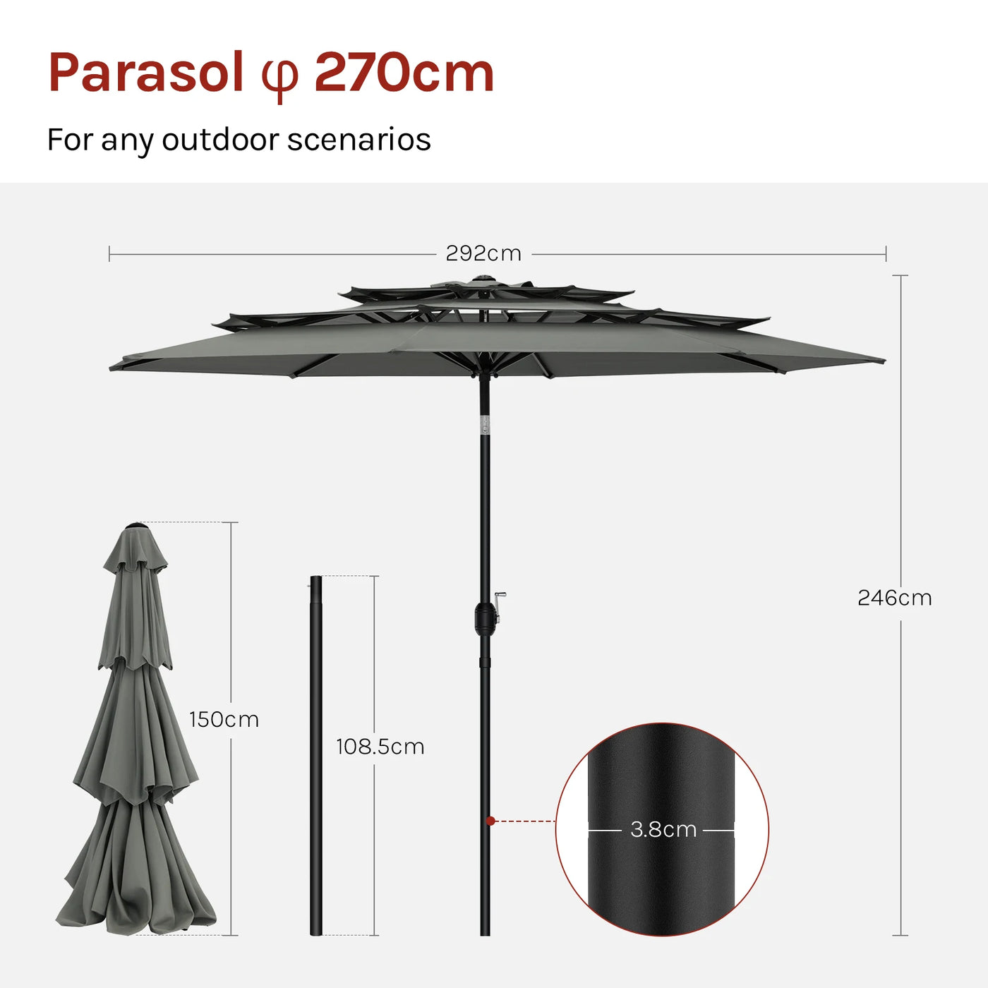 Round Large Garden Parasol 292cm Tilt Adjustable Beach Parasol UV Protection with 3 Ventilation Parasol for Balcony Garden