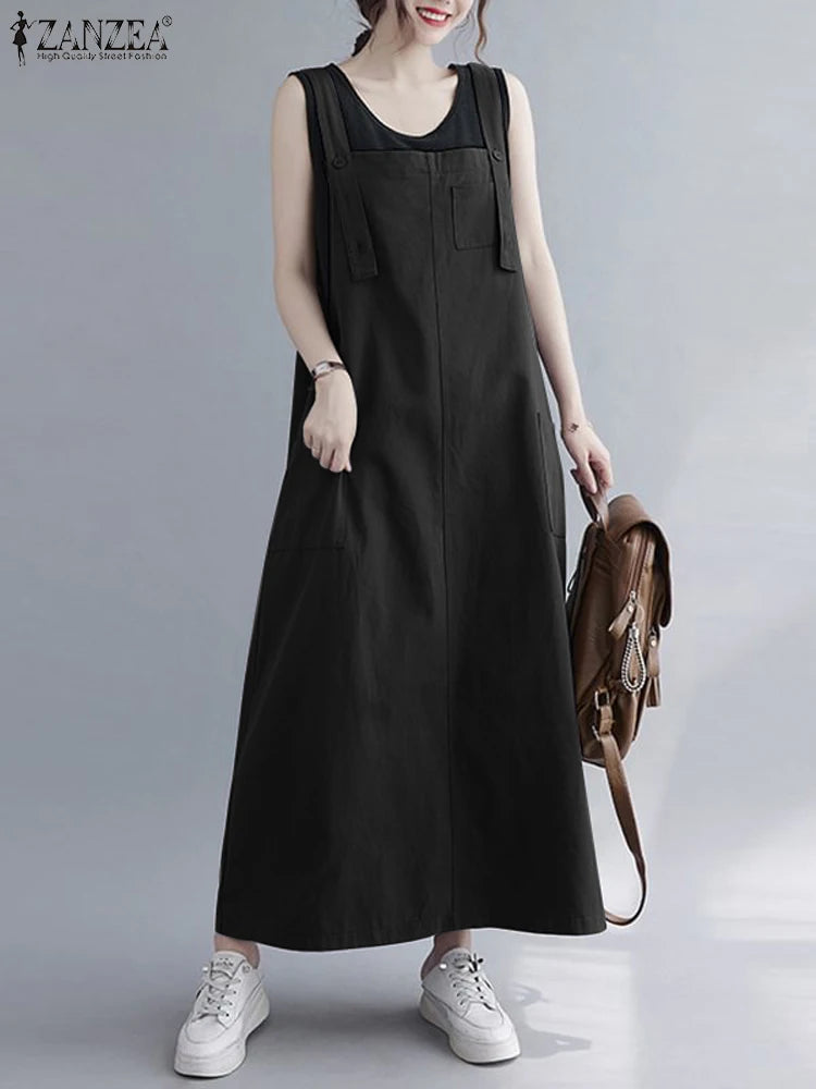 Women Sleeveless Maxi Dress Fashion Workwear Pockets Vestidos 2023 Summer Adjustable Shoulder Straps Dresses Streetwear