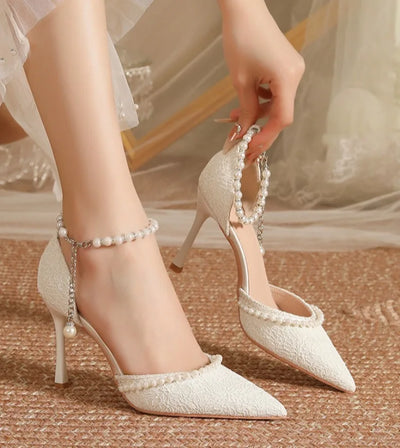 High Heeled Shoes Women's 2025 Summer with A Thin Heel and Pointed Toe A Straight Cut Lace Surface White Pearl Bridal Shoe Women