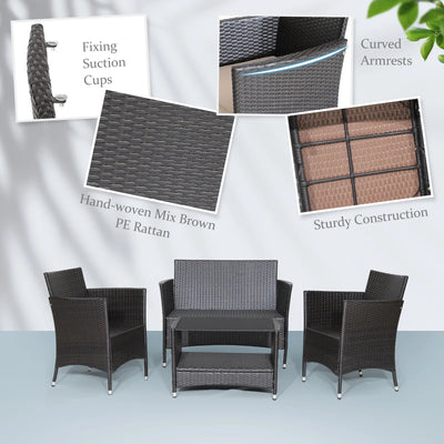 4PCS Patio Rattan Furniture Set Armrest Cushion Sofa Coffee Table withShelf Garden