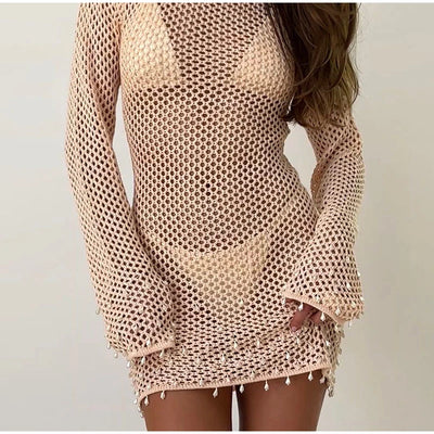 Sexy Knitted Hollow Out Pearl Mini Dress Women Elegant Knitted Backless Lace Up Beach Dresses Lady Spring Chic Party Holiday