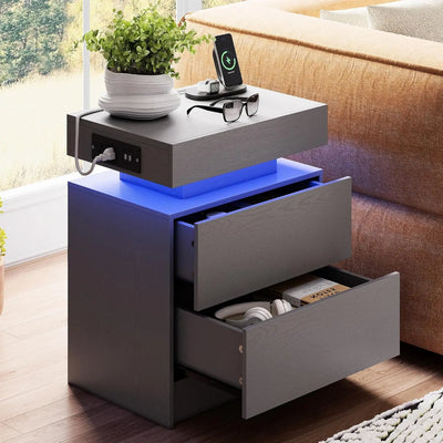 Night Stand with Charging Station, Modern Black Nightstand with LED Light and Drawers, Bedside Tables/End Table for Bedroom