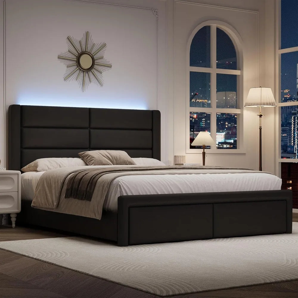 Bed Frame with Headboard and LED Lights,Modern Faux Leather Bed Frame with Wooden Slats Support and Duty Mattress Foundation