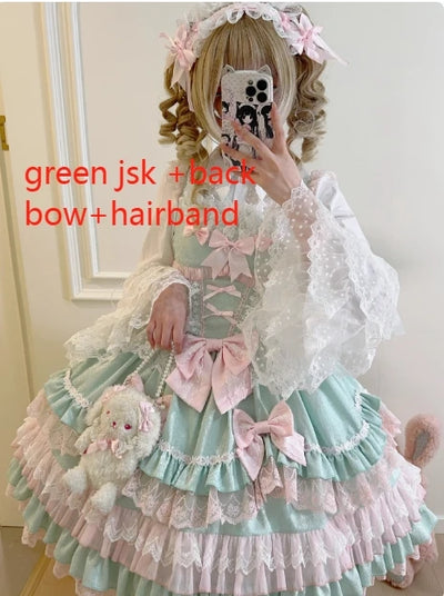 Original Lolita Dress Set Doll Feeling Girl Women's Sweet Jsk Suspender Dress Princess Fairy Lace Bow Sling Cake Dresses