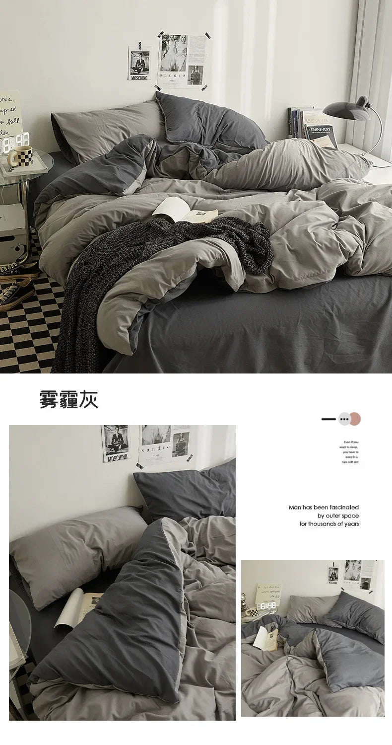 High Quality  Solid Color Double Washed Cotton Bedding 4 Pieces Set Student Dormitory Bed Linen Duvet Set Bed Suit