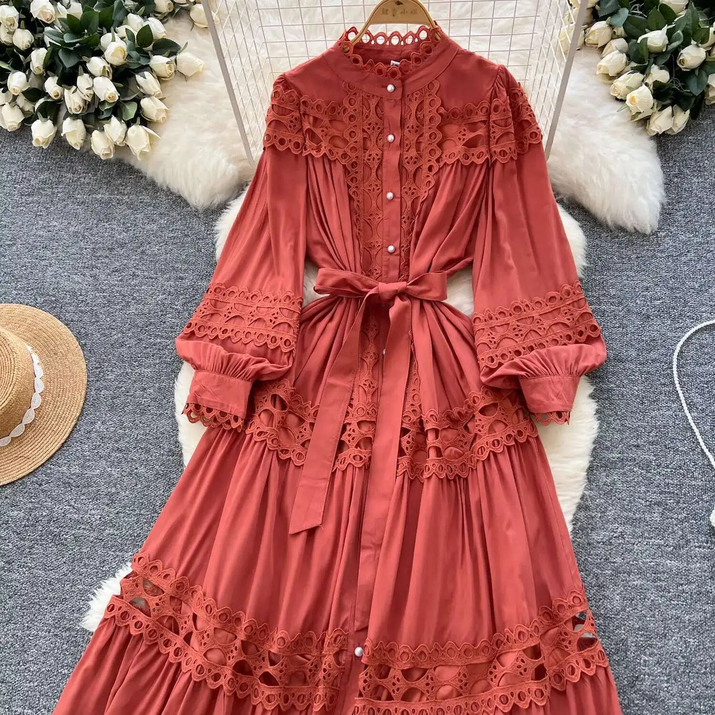 Elegant Long Maxi Hollow Out Dress Shirt Women Summer Autumn Palace Retro Pearl Button Embroidery Crochet Evening Party Vestidos