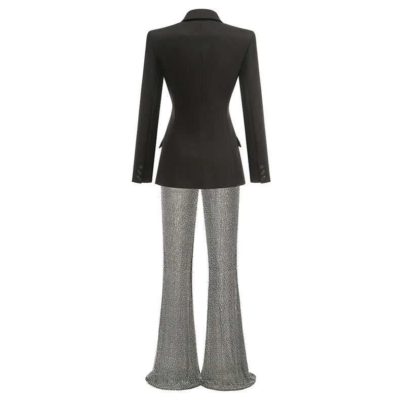 New Stylish Woman Oversize Suit Coat And Shining Diamonds Mesh Pants 2 Pieces Set Fashion Woman High Street Wear Party Outfit