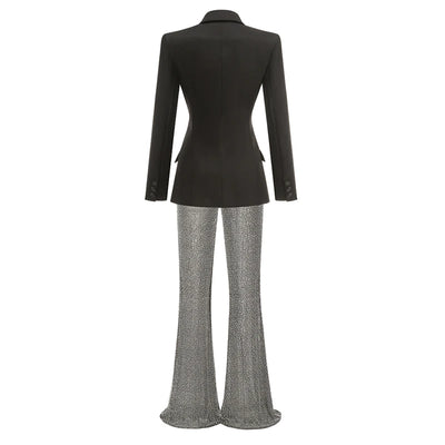 New Stylish Woman Oversize Suit Coat And Shining Diamonds Mesh Pants 2 Pieces Set Fashion Woman High Street Wear Party Outfit