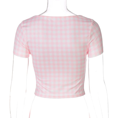 Square Collar Short Sleeve Bodycon Plaid Print T-Shirt