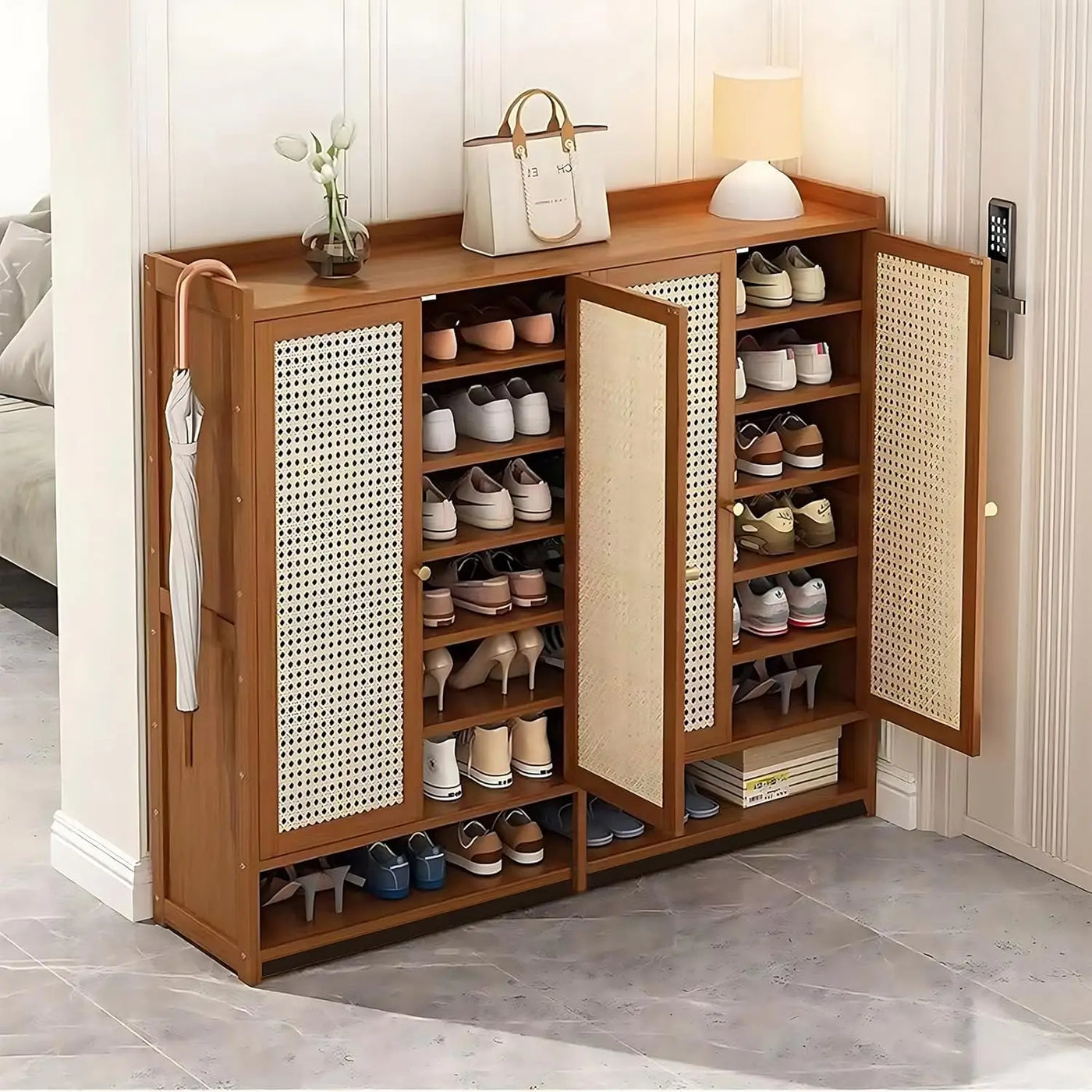 8 Tier Bamboo Shoe Storage Cabinet with Doors, 38-42 Pairs Shoe Rack for Closet, Rattan Storage Cabinet with Doors for Hallway L