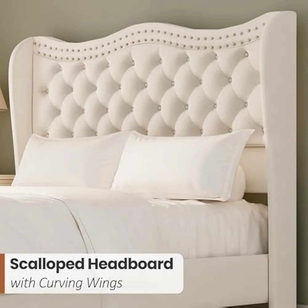 Cream Queen Size Upholstered Platform Bed Frame with 50'' Tall Velvet Tufted Curved Wingback Headboard, Wooden Slats, Noise-Free
