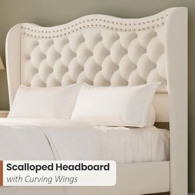 Cream Queen Size Upholstered Platform Bed Frame with 50'' Tall Velvet Tufted Curved Wingback Headboard, Wooden Slats, Noise-Free
