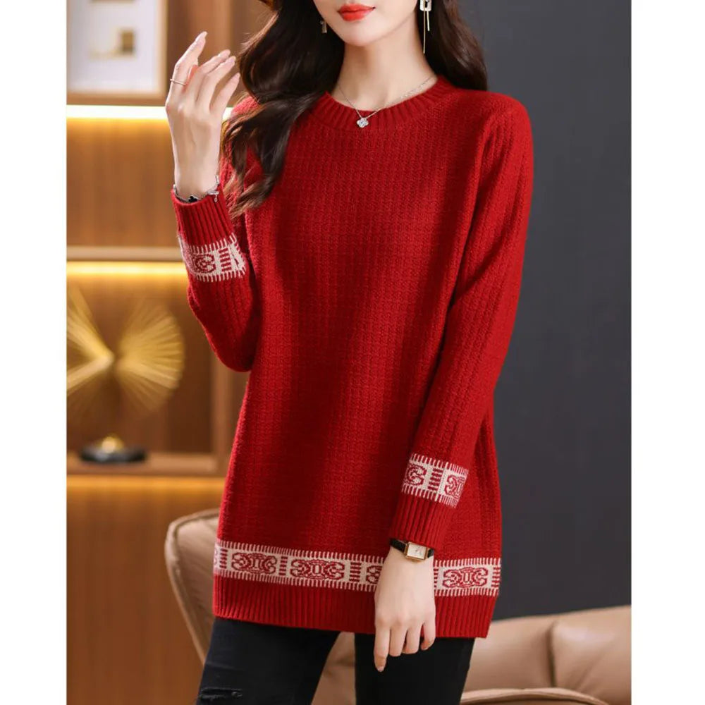 5XL Large Size Mid Length Knitted Sweater Women's Pullovers O-Neck Loose Knit Jumper Spring Autumn All-match Casual Sweaters