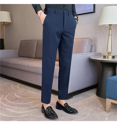 High End Elastic Waistband Suit Pants for Men Embroidered Business Casual Pants Solid Colror Versatile Social Office Trousers
