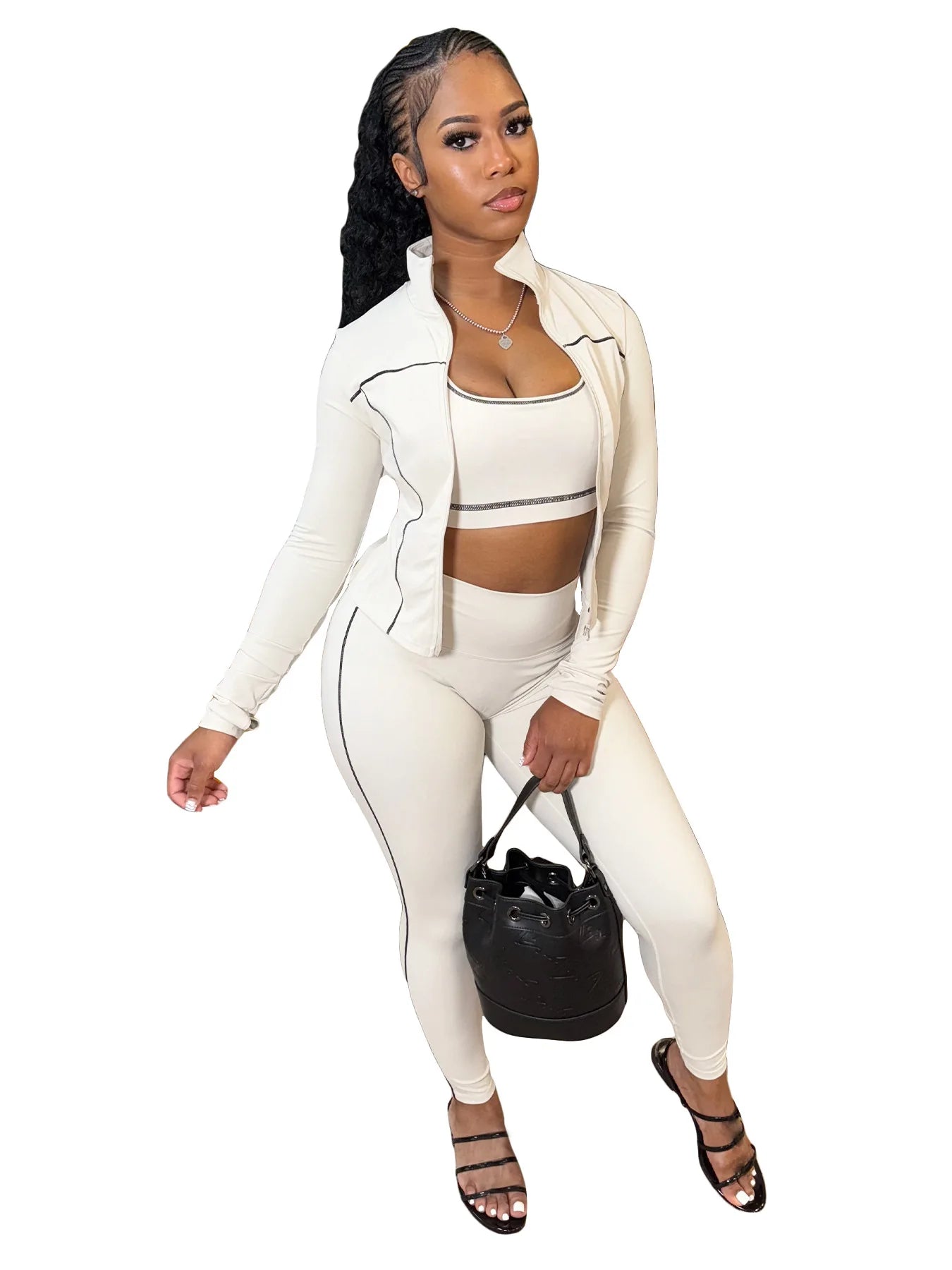 FLARORA Casual Sporty Three Piece Sets Woman Stripe Patchwork Sleeveless Vest+Jacket+Pant Outfits Female Yoga Fitness Tracksuits