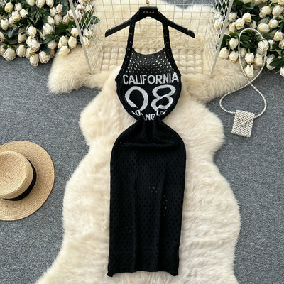 YuooMuoo Women Dress 2025 Summer Ins Hot Letter Print Halter Knitted Beach Dress Chic Fashion Sexy Wrap Hip Streetwear Vestidos