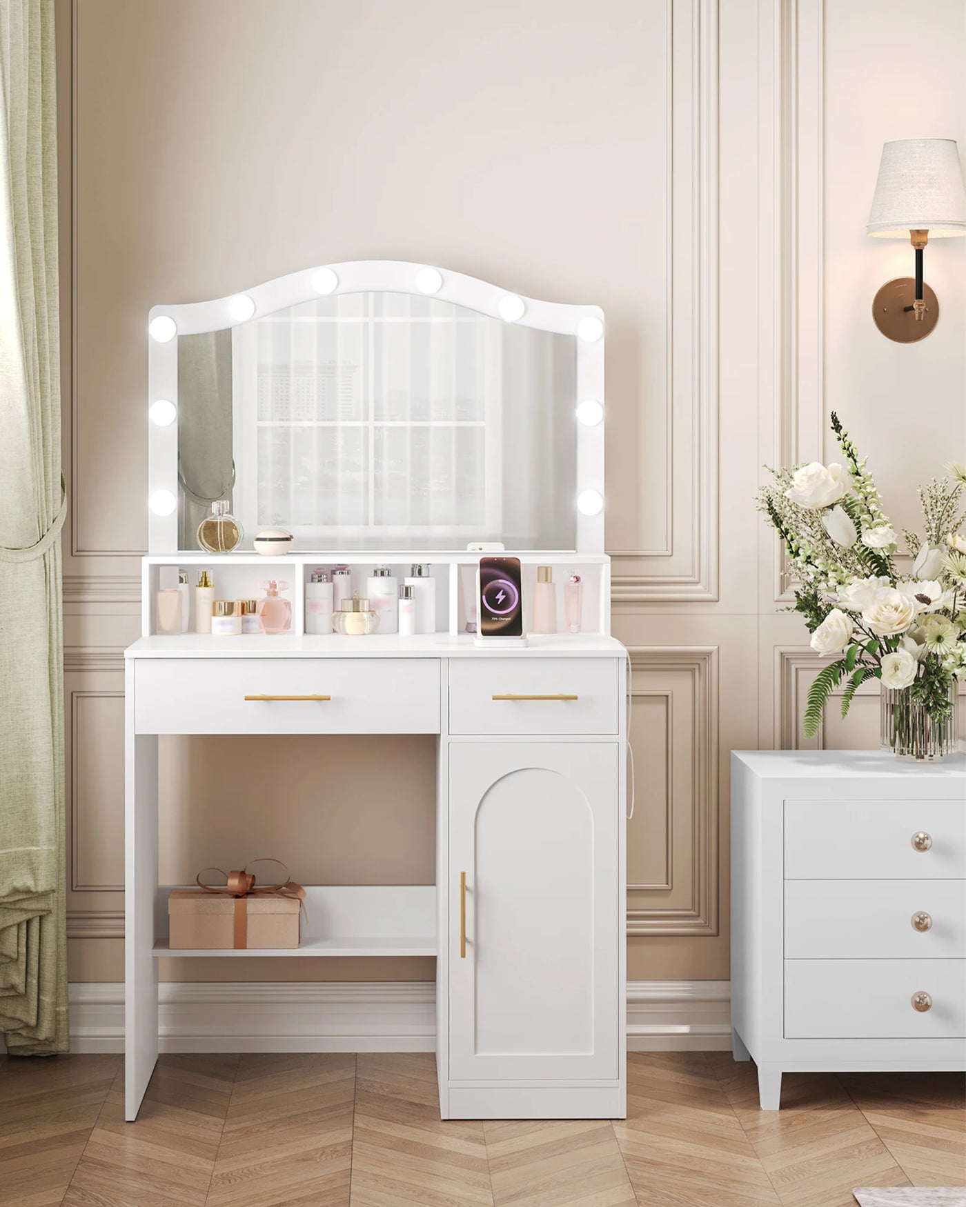 Hzuaneri Dressing Table, HD Large Mirror, 3 Colored Adjustable LED Lights, with Charging Station 2 AC Sockets and 2 USB Ports