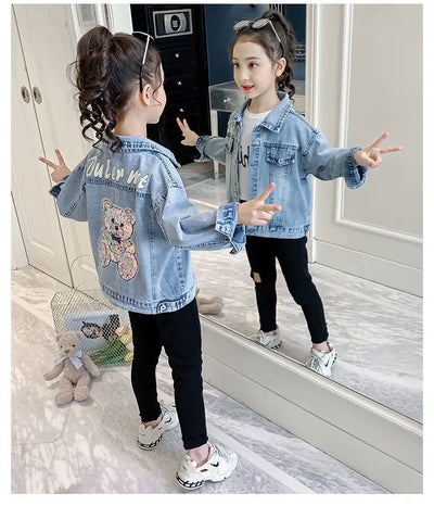 3 4 6 8 10 12 Years Teen Girls Denim Jacket Spring New Fashion Bear Sequin Cowboy Coats For Girls Children Outwear Birthday Gift