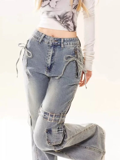 Y2K Patchwork Cargo Jeans Women High Waist Flared Denim Pants Buckle Strap Lace-Up Design Streetwear Retro Bell Bottom Trousers