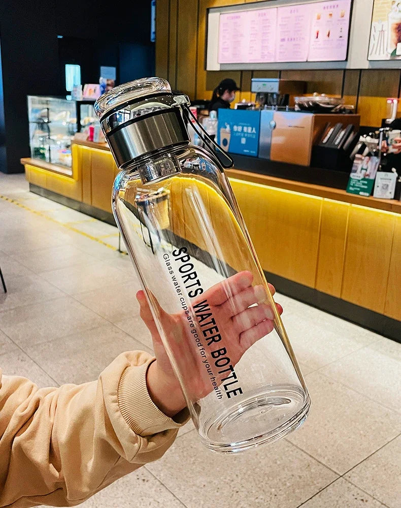 Sports Glass Water Bottle 2L Capacity Free Cup Cover (with Shoulder Strap)  Portable Leak-proof Drinking Stainless Steel Lid