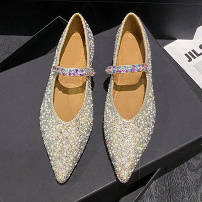 Luxury Designer Glitter Mule Pumps Women Pearl Pointed Toe Mary Jane Shoes Comfy Loafers Fashion Rhinestone Flat Bridal Shoes