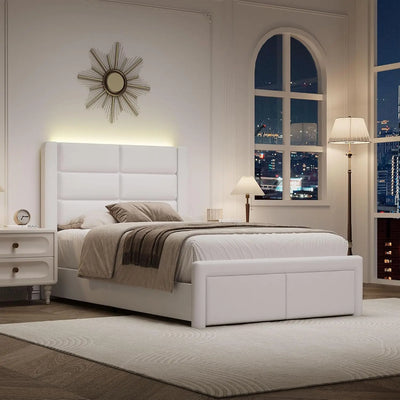 Bed Frame with Headboard and LED Lights,Modern Faux Leather Bed Frame with Wooden Slats Support and Duty Mattress Foundation