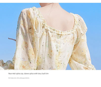 2025 Spring New Arrival Women's Spring Floral Dress Silm Fashion Waist-Controlled Long Sleeves Seaside Vacation Chiffon Skirt