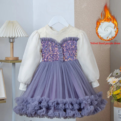 Young Girl Spring  Autumn 2025 New Style Pink Casual Dress Birthday Party Dresses for Girls Purple Fluffy Dress 2-10 Years Old