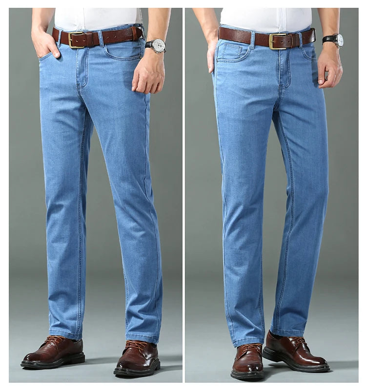 Spring/summer Thin Denim Straight Cotton Stretch Jeans Men Business Casual Cloth High Waist Ice Silk Lightweight Trousers