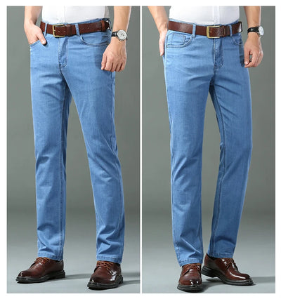 Spring/summer Thin Denim Straight Cotton Stretch Jeans Men Business Casual Cloth High Waist Ice Silk Lightweight Trousers