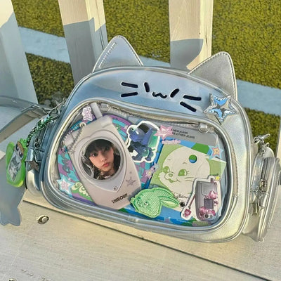 JIAERDI Kawaii Cat Ita Bag Lolita Y2K Backpack Female Cute PU Shoulder Bag Girl Transparent Pocket Harajuku Crossbody Bag Women