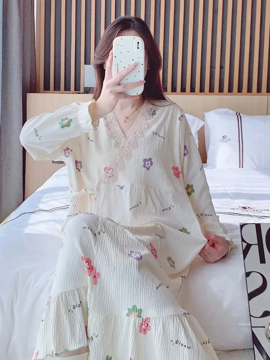 2025 Summer Pregnant Women Clothes Fashion Sweet Lace Patchwork V-neck Maternity Nursing Nightgowns Sleep Lounge Dress Lactation