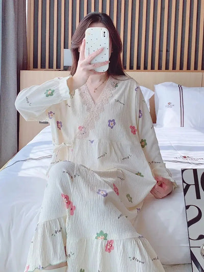 2025 Summer Pregnant Women Clothes Fashion Sweet Lace Patchwork V-neck Maternity Nursing Nightgowns Sleep Lounge Dress Lactation