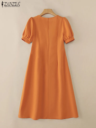 2025 ZANZEA Holiday Vestidos Women Summer Dress Fashion Elegant Square Neck Puff Sleeve Work Midi Dresses Stylish Party Sundress