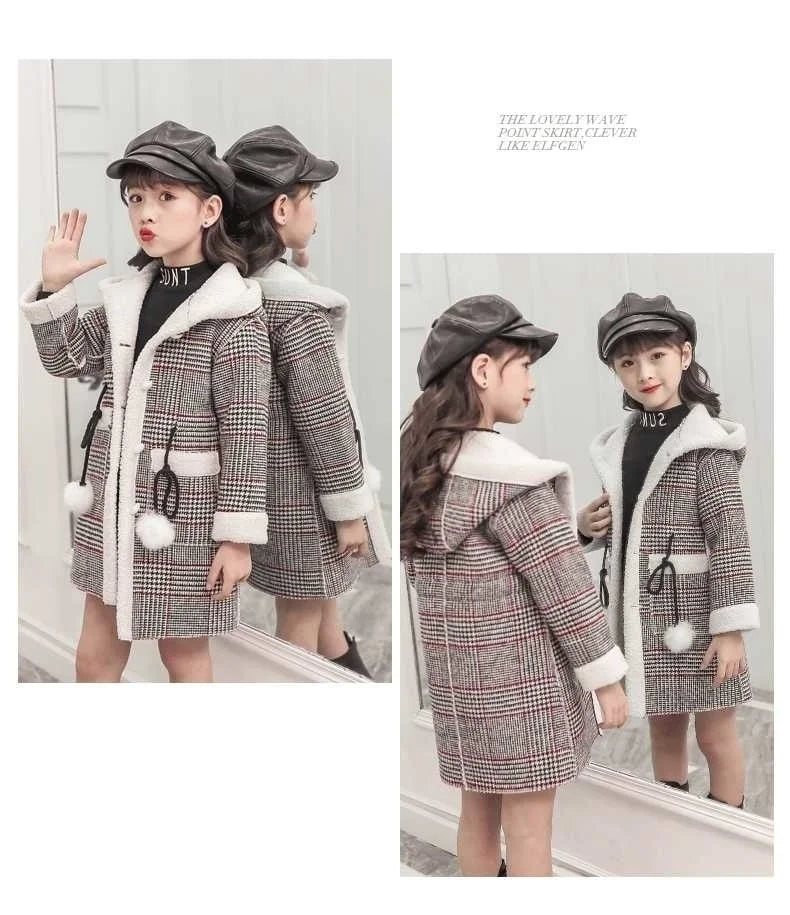 Autumn Winter Girls Hairy Coat Fashion Design Long Coat for Girls Kids Outerwear Grid Pattern Warm Winter Jacket Coats 4-12T
