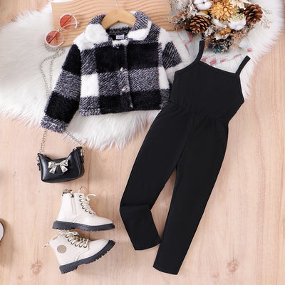 Autumn and winter 2- 7Y Girls and babies Comfortable Western-style fashionable black and white plaid coat + suspender jumpsuit