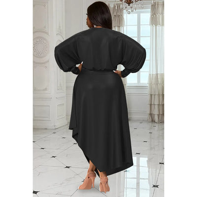 Plus Size Women's Everyday Dress Brown V Neck Long Sleeve Irregular Spring and Summer Satin Cinched Waist Maxi Dress