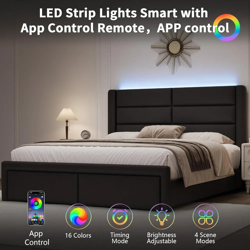 Bed Frame with Headboard and LED Lights,Modern Faux Leather Bed Frame with Wooden Slats Support and Duty Mattress Foundation
