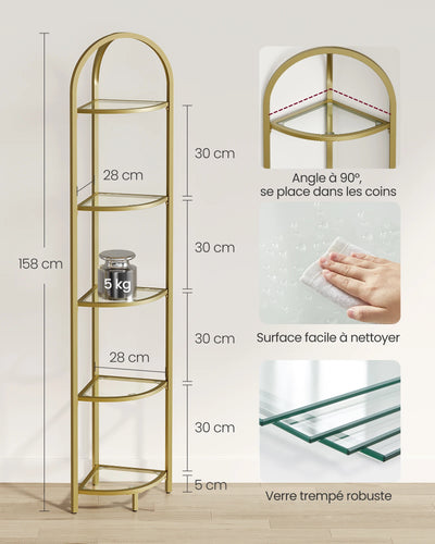 VASAGLE Corner Shelf, 5-Tier Plant Stand, Freestanding Glass Shelf Tower, High Storage Shelves for Living Room, Bathroom